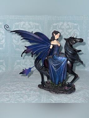 Fantasy Goth Dream Fairy Riding Black Unicorn Figurine